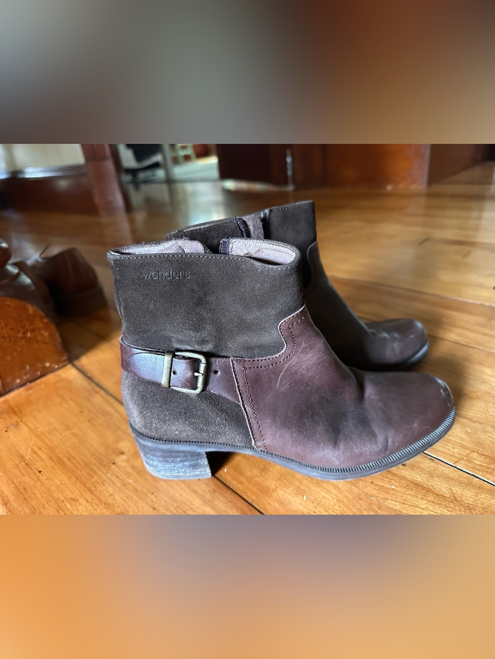 Women's Wonders Brown Suede & Leather Ankle Booties with Buckle Size 37